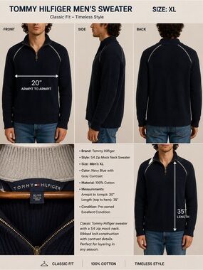 Tommy Hilfiger Navy Blue Zip Mock Neck Sweater with Gray Contrast